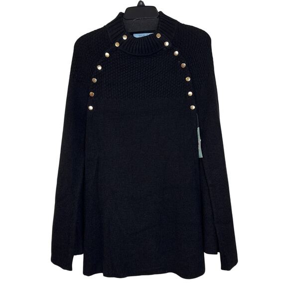 NWT Blue Sol Medium Black Cape Sweater Poncho With Gold Accent Buttons - Picture 1 of 7